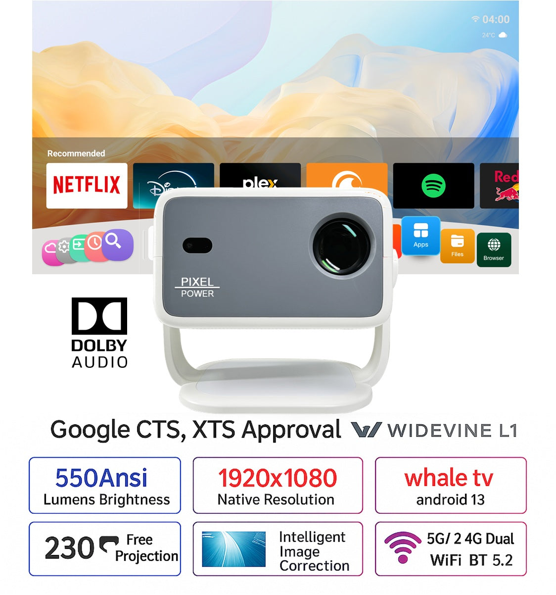 2025 BORSSO Pixel Power | Certified Android 13 Projector 1080p Native 550 ANSI, Fully Automatic, Dolby, HDR Support, HDMI ARC & CEC, 2.4G & 5G WiFi & 5.2 BT, 3D Support