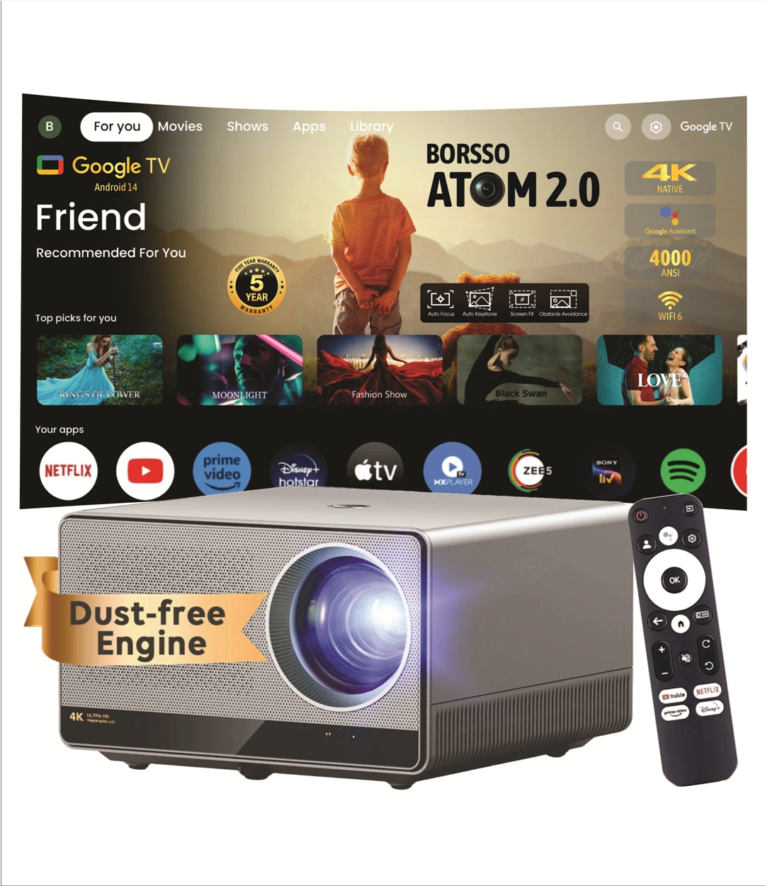 BORSSO ATOM 2.0, Native 4K (3840*2160) LTPS+ Display, 4000 ANSI, Certified GTV (Android 14) Projector 4K Ultra HD, Closed Optomechanics Engine, Fully Automatic, HDR10, HLG, MEMC, 12W×2 Stereo DSP Speakers, WiFi 6, 5.2 BT