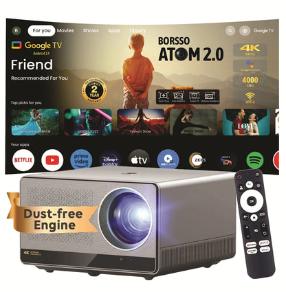 BORSSO ATOM 2.0, Native 4K (3840*2160) LTPS+ Display, 4000 ANSI, Certified GTV (Android 14) Projector 4K Ultra HD, Closed Optomechanics Engine, Fully Automatic, HDR10, HLG, MEMC, 12W×2 Stereo DSP Speakers, WiFi 6, 5.2 BT