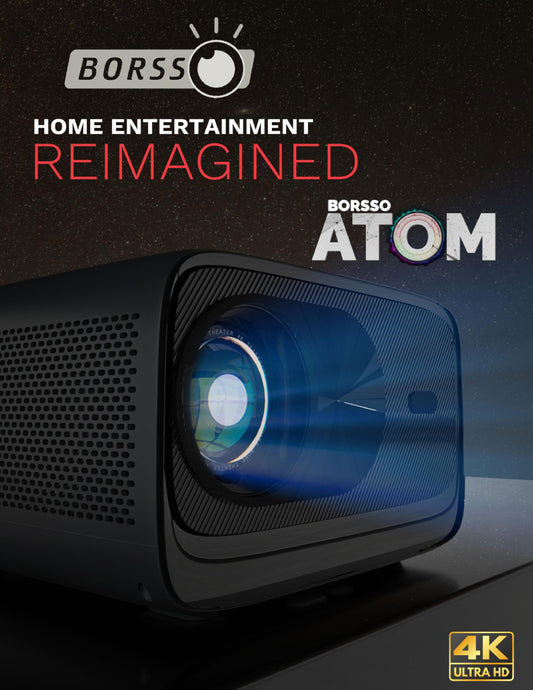 2024 BORSSO ATOM, Android 9, Native 4K IPS 3840*2160p 1600 ANSI, Short Throw Fully Auto Focus & Auto 4D Keystone, 4K HDR10+, HLG HDMI Signal Support, 30 W Surround Sound System, 5G WiFi & 5.1 BT