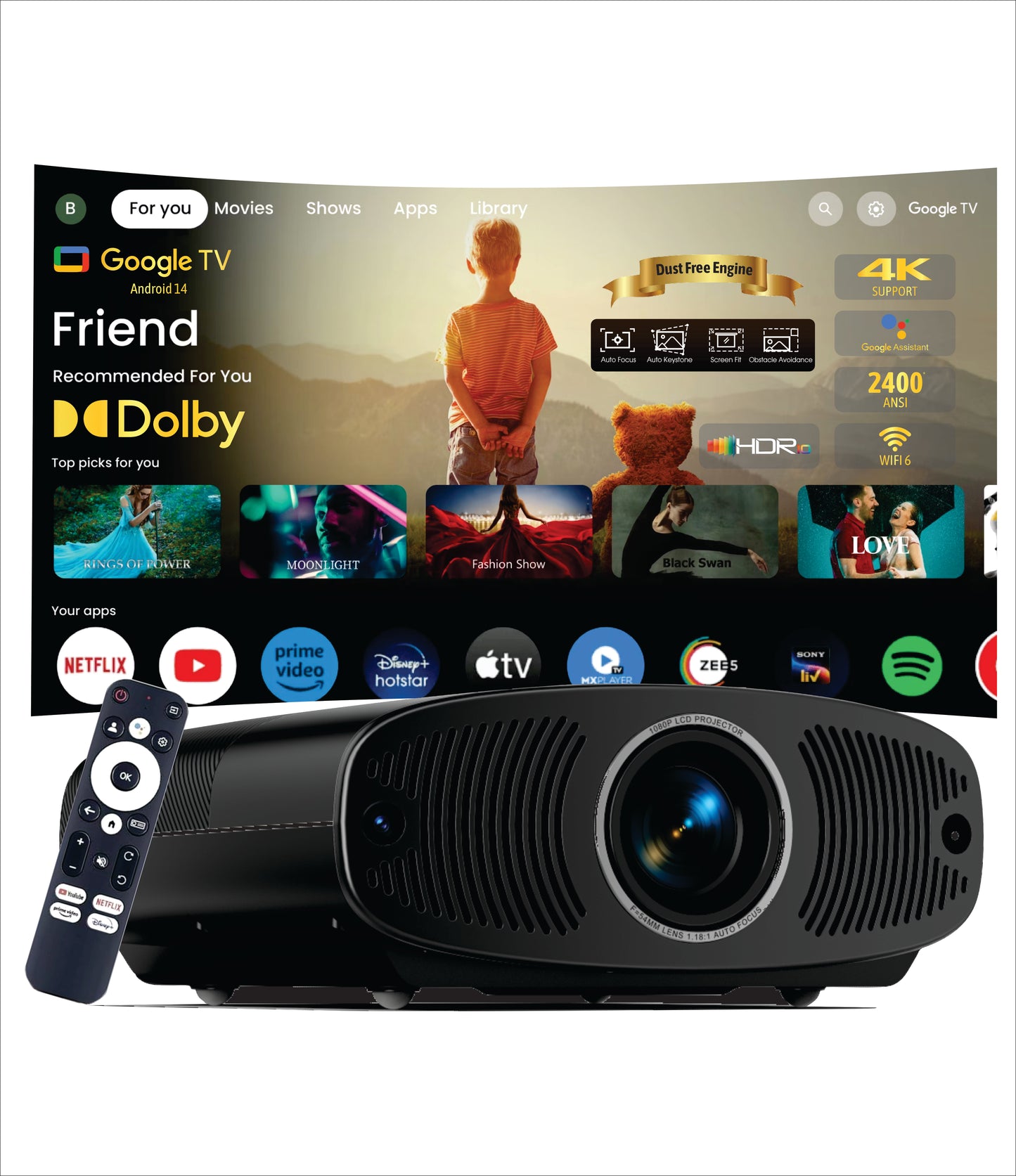 BORSSO BS50 AIR (GTV) Certified Android 14 (2gb/32gb) Projector 4K Ultra HD, Fully Automatic, Closed Engine, 4K & HDR 10 Support, Ultra Bright 2400 ANSI, HDMI ARC, Dolby Audio, BT 5.2, Dual Wi-Fi
