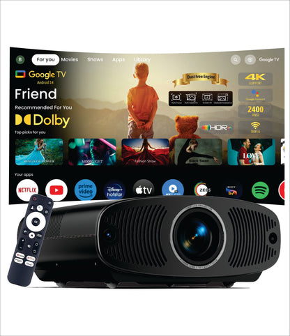 BORSSO BS50 AIR (GTV) Certified Android 14 (2gb/32gb) Projector 4K Ultra HD, Fully Automatic, Closed Engine, 4K & HDR 10 Support, Ultra Bright 2400 ANSI, HDMI ARC, Dolby Audio, BT 5.2, Dual Wi-Fi