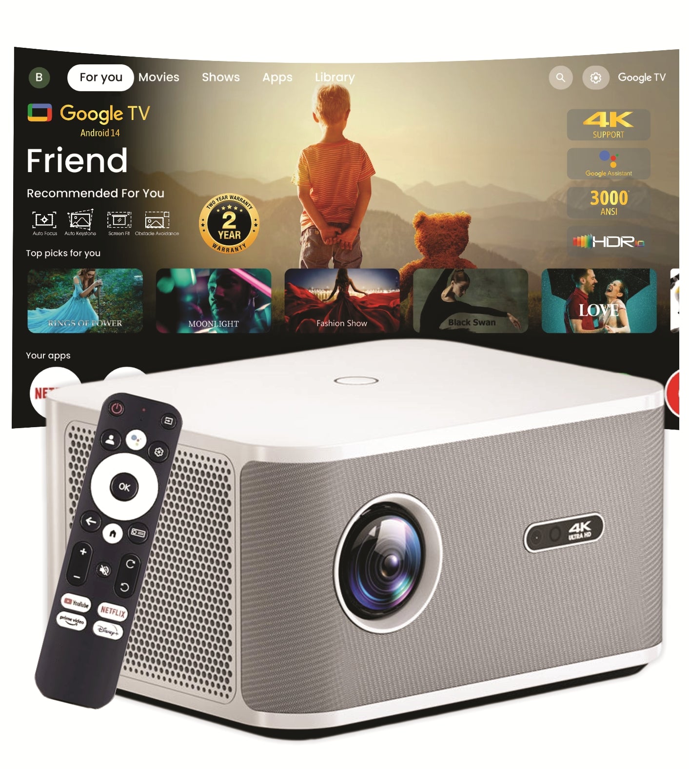 BORSSO BS60 AIR Certified 4K-GTV Android 14 (2gb RAM) Projector 4KUltra HD, Fully Automatic, Closed Engine, 4K& HDR10 Support, Ultra Bright 3000 ANSI, HDMI ARC, Dolby Audio, BT 5.2, Dual Wi-Fi