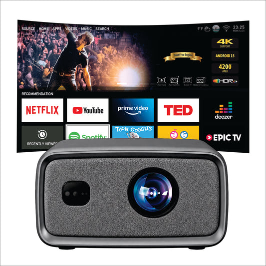 BORSSO Ultima Curve MAX, Android 15 (4GB+128GB) Octa Core CPU, Closed Engine, 4K HDR10+, MEMC, Projector 4K Ultra HD, Ultra Bright 4200 ANSI, Full Automatic (OA + AF + TILT), HDMI ARC, BT 5.2