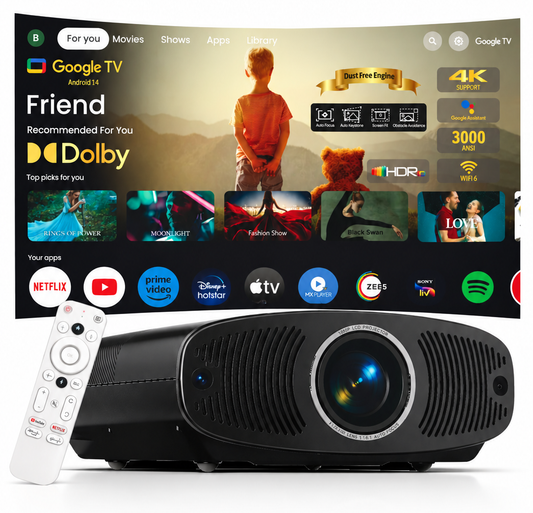 BORSSO BS50 MAX Certified 4K-GTV, Android 14 (2gb/32gb) Projector 4K Ultra HD, Fully Automatic, Closed Engine, 4.K & HDR10 Support, Cross Matrix LED, 3000 ANSI, HDMI ARC, Dolby, BT, WiFi, Upgraded