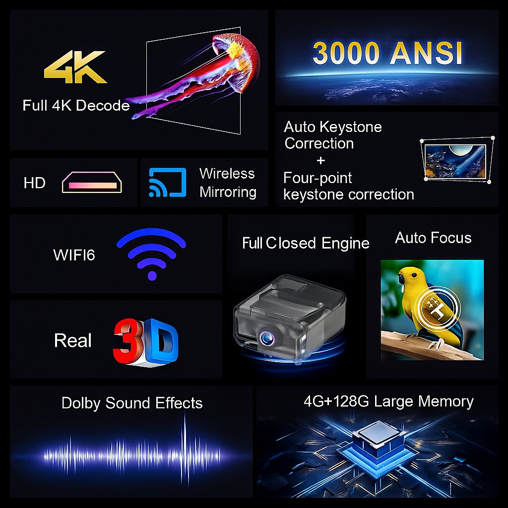 BORSSO Ultima Curve, Android 12 (4GB+128GB), Closed Engine, 4K HDR 10+, 4K Projector for Home, Ultra Bright 3000 ANSI, Full Automatic (OA + AF + TILT), HDMI ARC, BT 5.2, Dual-Band WiFi 6, 3D Support