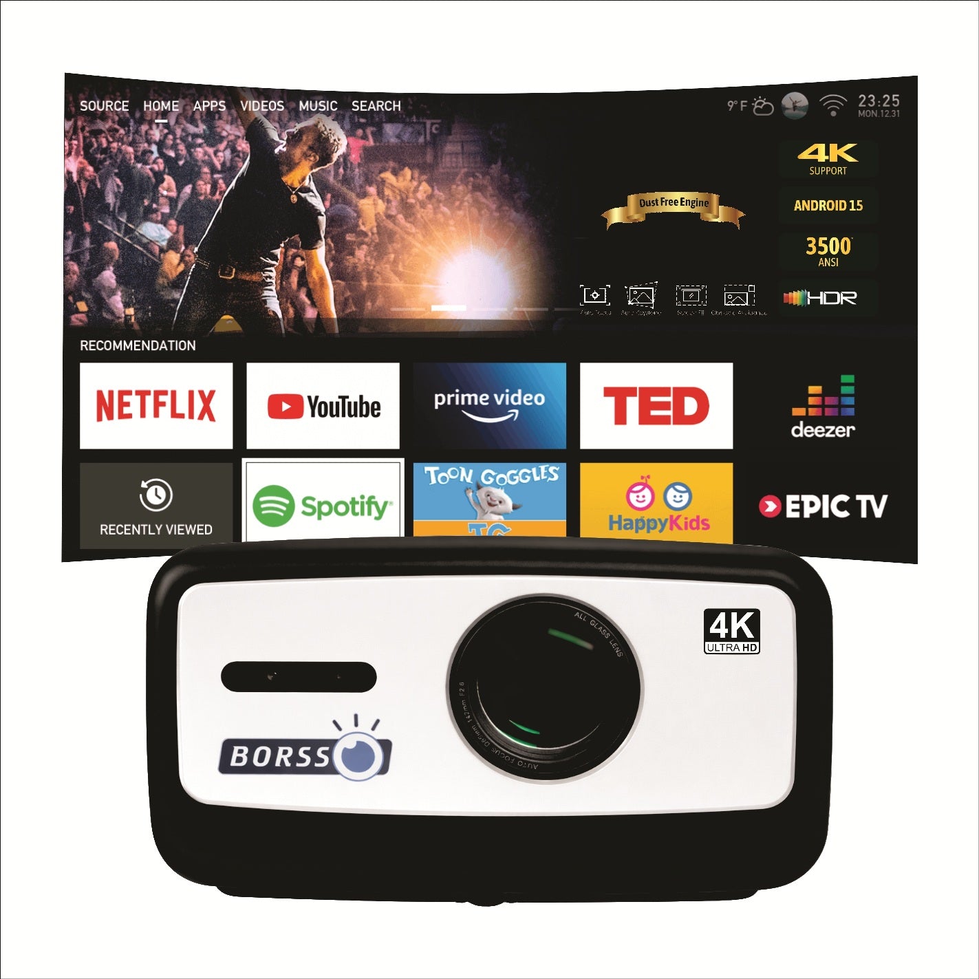 BORSSO ULTIMA CURVE ULTRA, Android 15 (4GB+128GB) Octa Core CPU, Closed Engine, 4K HDR10+, MEMC, Projector 4K Ultra HD, Ultra Bright 3500 ANSI, Full Automatic (OA + AF + TILT), HDMI ARC, BT 5.4