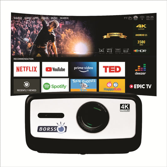 BORSSO ULTIMA CURVE ULTRA, Android 15 (4GB+128GB) Octa Core CPU, Closed Engine, 4K HDR10+, MEMC, Projector 4K Ultra HD, Ultra Bright 3500 ANSI, Full Automatic (OA + AF + TILT), HDMI ARC, BT 5.4
